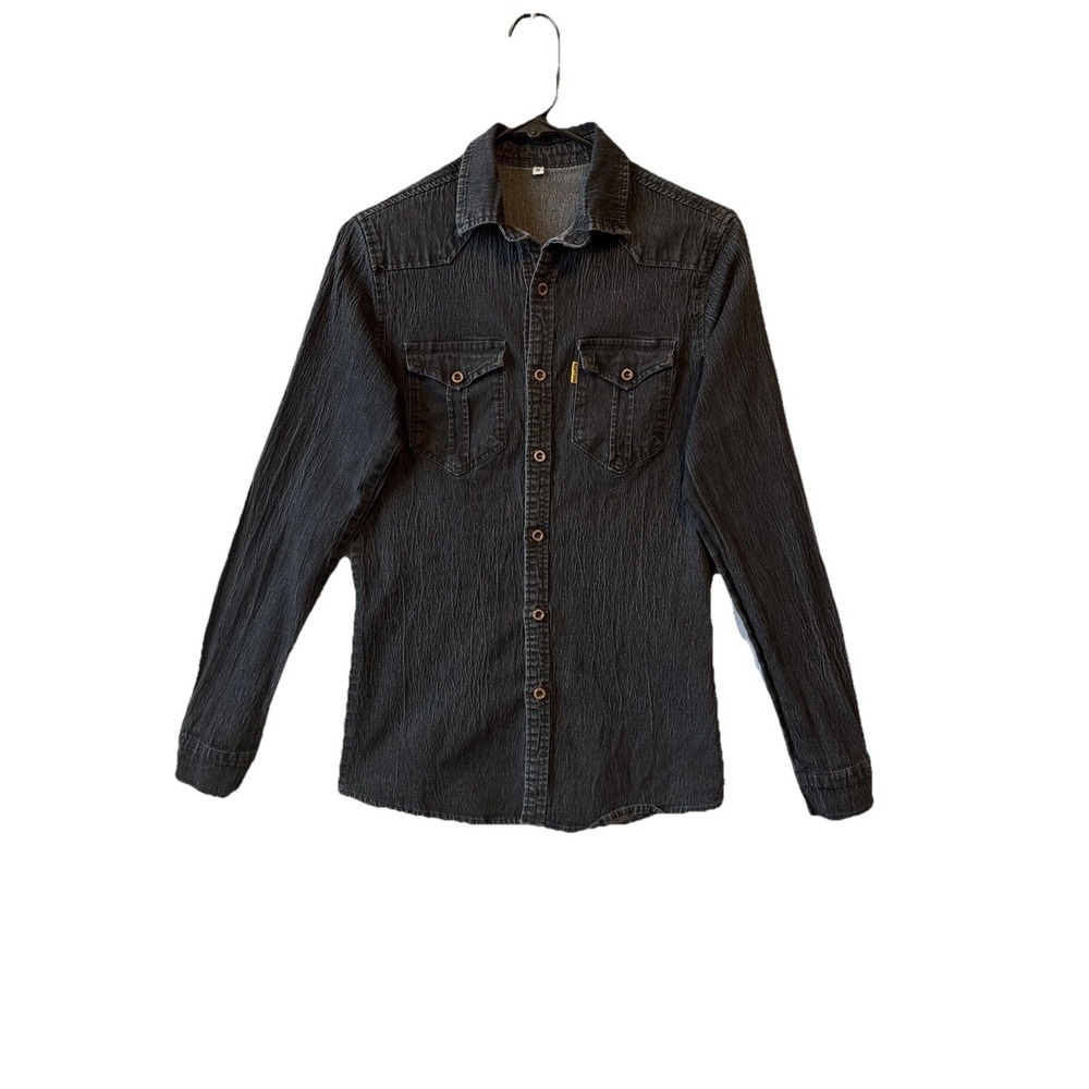 Aiopeson Western Slim Fitted Stretch Black Denim Tailored Button Up Shirt Medium